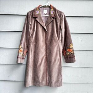J. Jill Floral Embroidered Brown Velvet Coat Boho Stretch Fully Lined Size XS